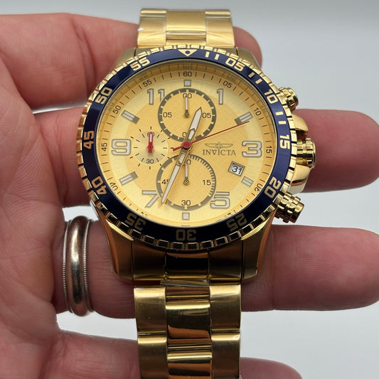 Invicta Specialty 49095 Mens Chronograph 45mm Gold Stainless Steel Blue Bezel