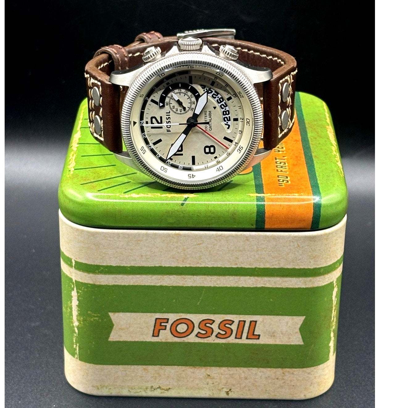 Fossil FS5043 Recruiter GMT Alarm Cream Dial Leather Strap Men’s 44mm Watch