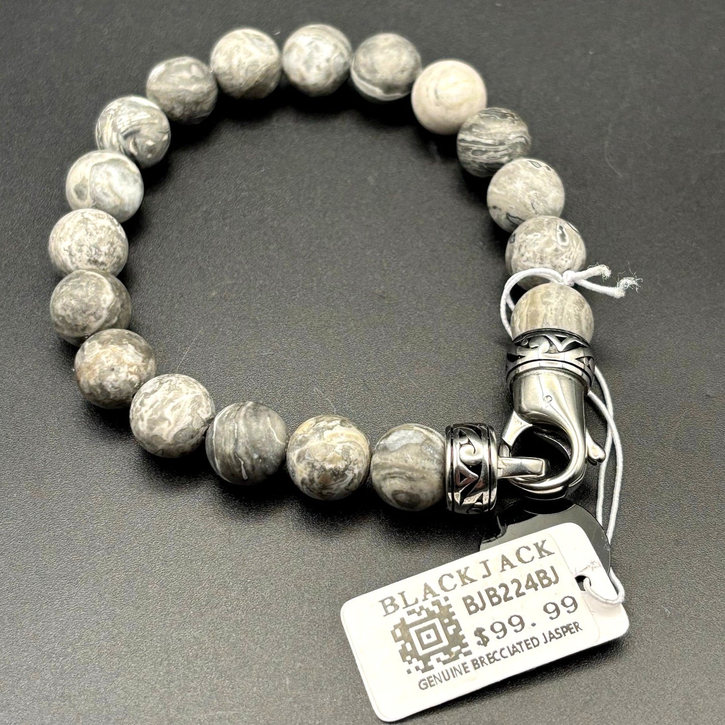 Blackjack BJB244BJ Men’s 10mm Gray Jasper Stainless Steel Beaded Bracelet NWT