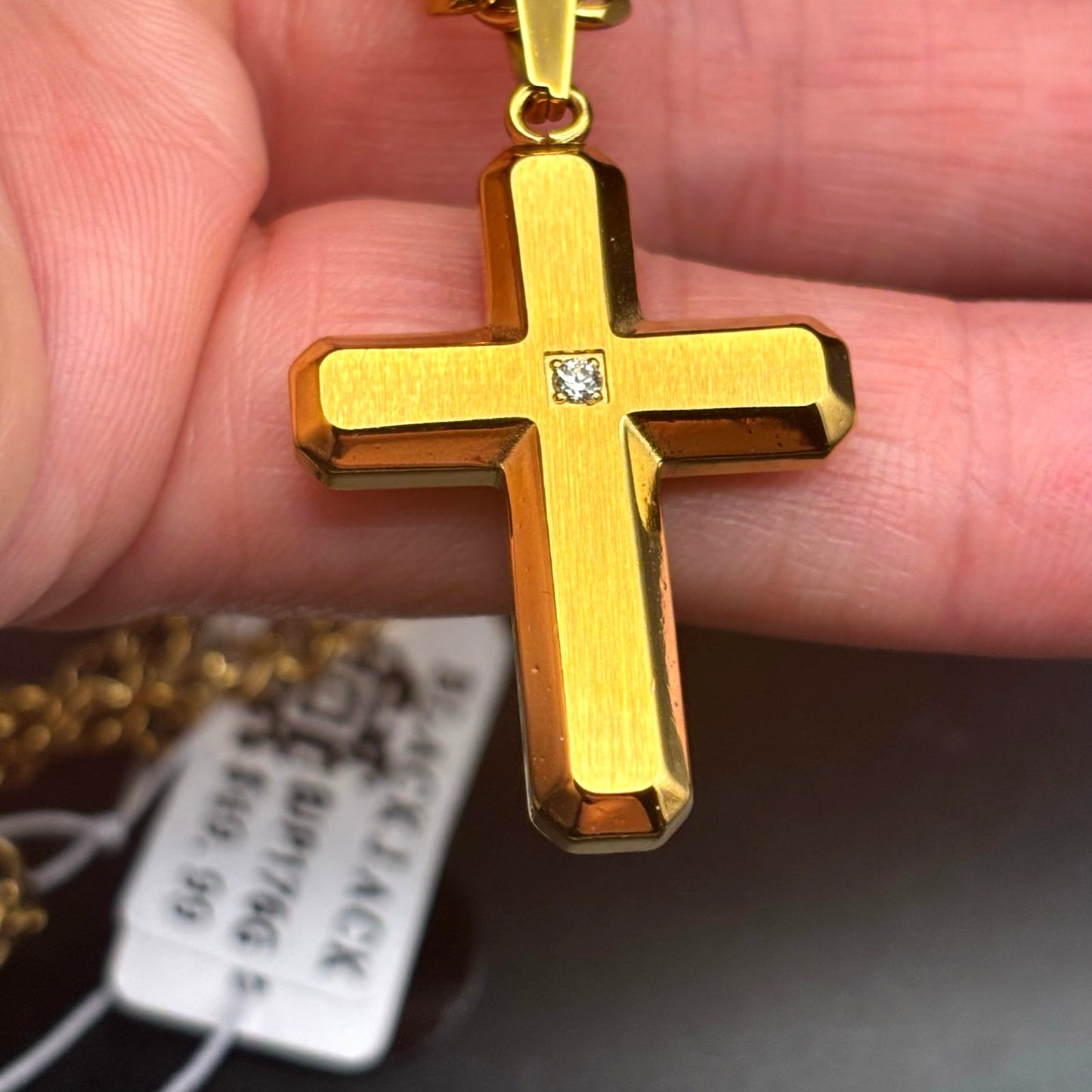 Blackjack BJP176G Mens Gold Stainless Steel Cross Pendant Necklace With CZ NIBWT