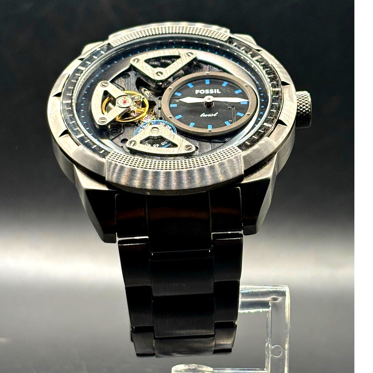 Fossil Bronson Twist ME1171 Semi Skeleton Smoke Stainless Steel 50mm Watch