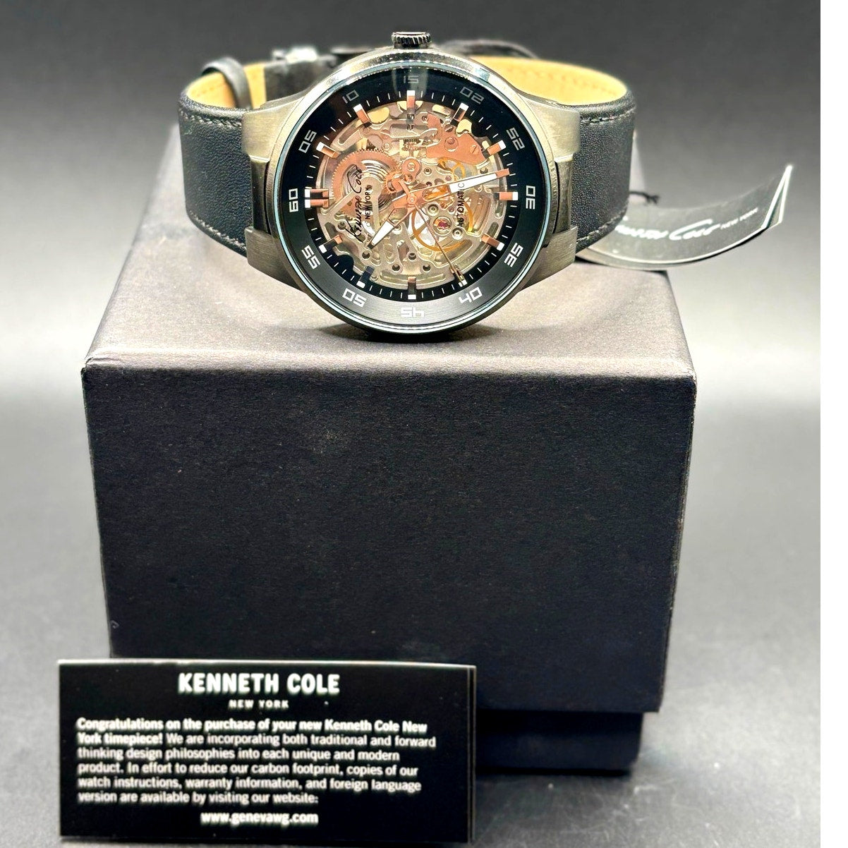 Kenneth Cole KC8048 Automatic Skeleton Men’s Watch Black Leather NIB