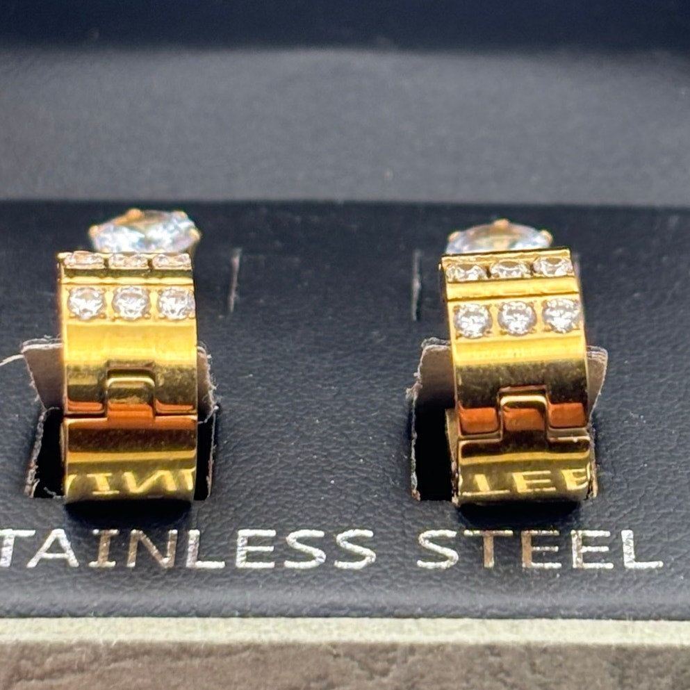 SteelTime Men’s Stainless Steel Earring Set – Gold Huggies + CZ Studs
