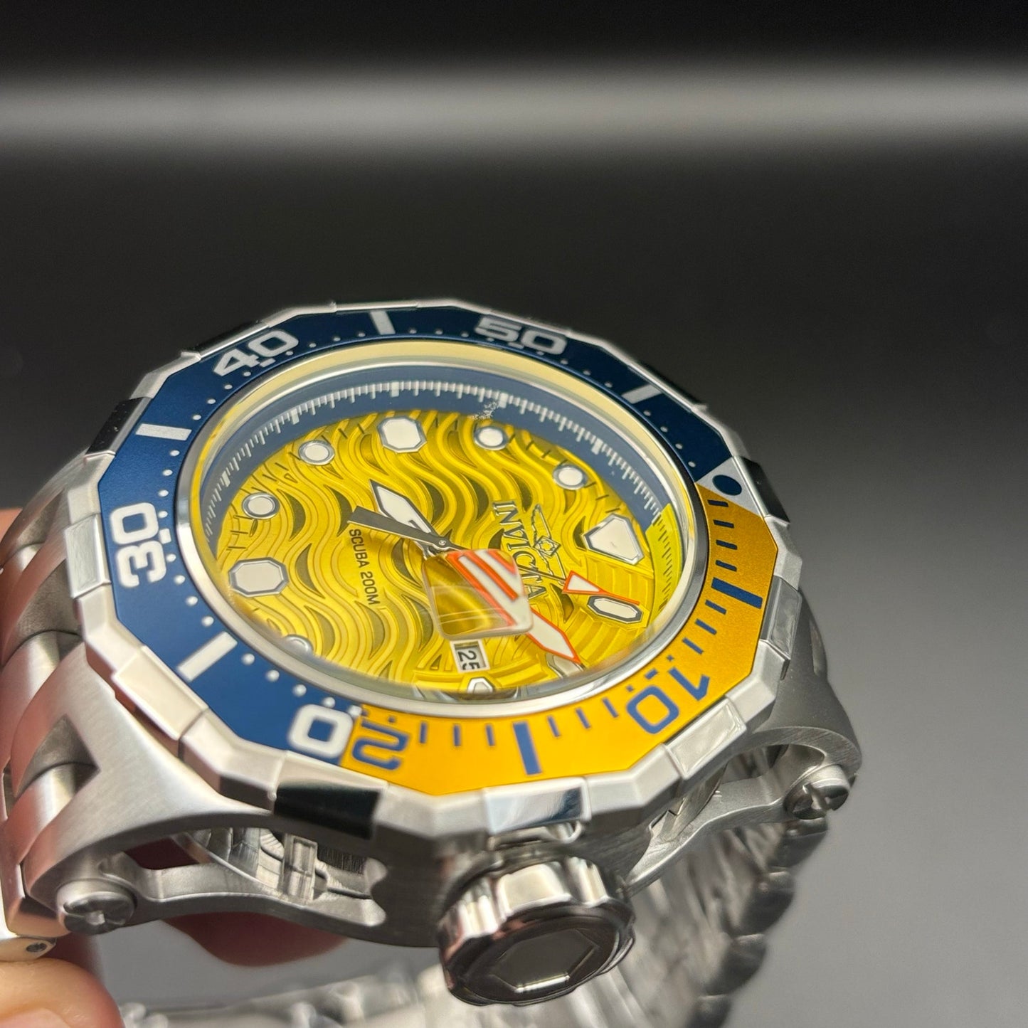 Invicta 47844 Pro Diver Wave Scuba Yellow Dial Blue Bezel Steel Alum Men's Watch