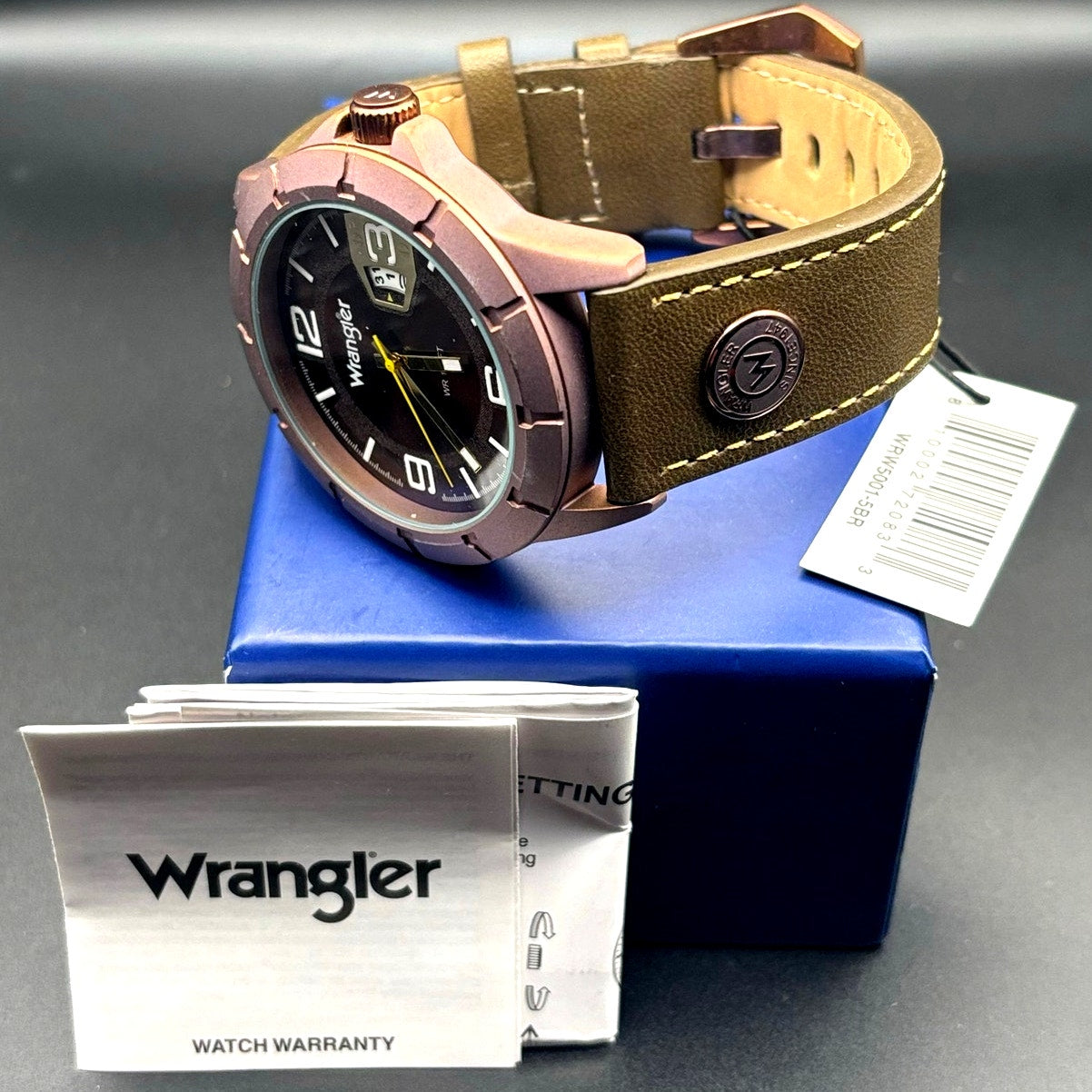 Wrangler WRW5001-5BR Men’s Purple Dial Watch Olive Brown Leather Strap NIBWT