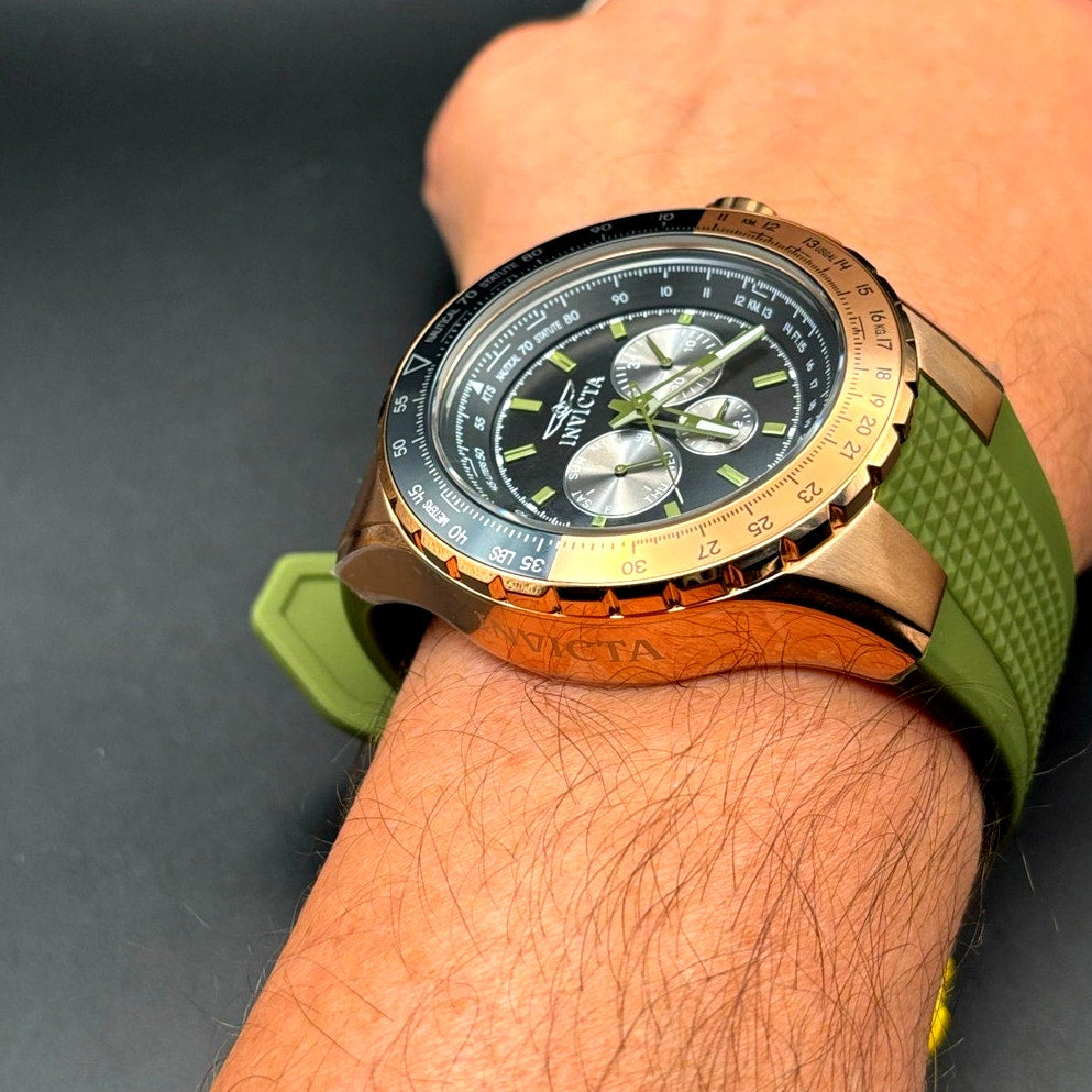 Invicta Aviator Skyshock 39311 50mm Men's Gold Green Silicone Strap Watch NIBWT