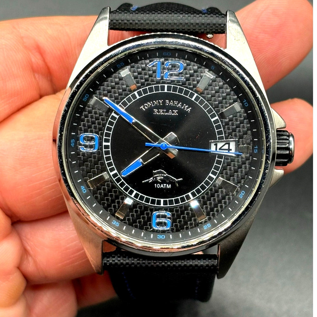 Tommy Bahama Relax RLX1107 Blue Black Dial Carbon Fiber Strap 43mm  Men's Watch
