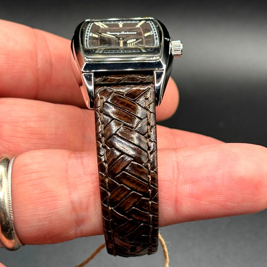 Tommy Bahama TB2126 Swiss Quartz Brown Leather Tonneau Women's Watch NIBWT