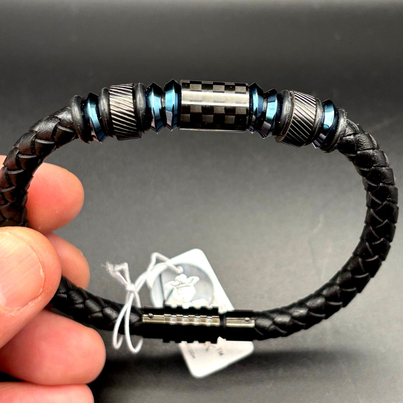 Blackjack BJB210BL Men's Leather Blue Stainless Steel Bracelet With Carbon Fiber