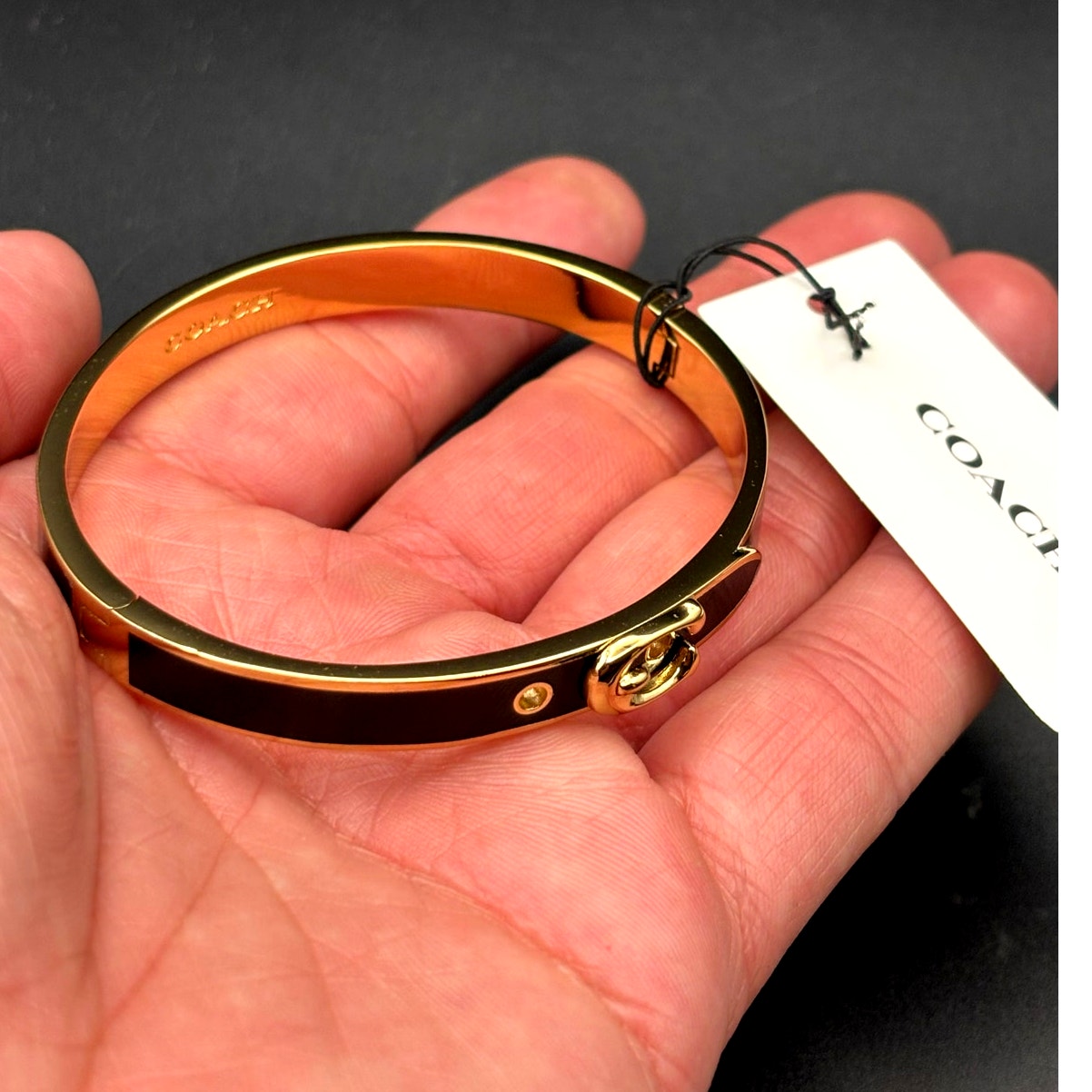 Coach 408104GLD001 Thin Enamel Signature Push Hinged Bangle Gold/Black NWT
