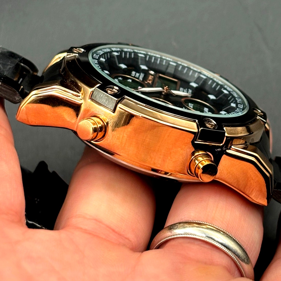 Stauer 52318 Due Volta Chronograph Men's Watch 48mm Rose Gold Black Steel NIB