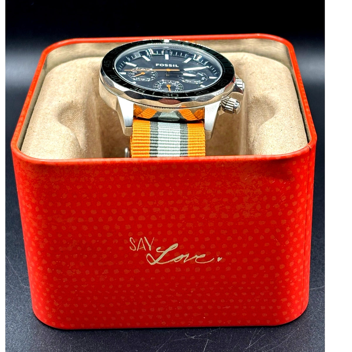 Fossil Bannon BQ2677 Multifunction Black Dial Orange Green Nylon Mens Watch 45mm