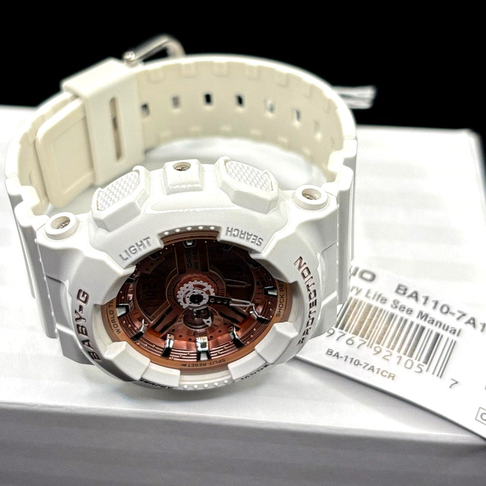 Casio Baby-G BA-110-7A1 White Rose Gold Analog Digital Women's Watch 100M NIBWT