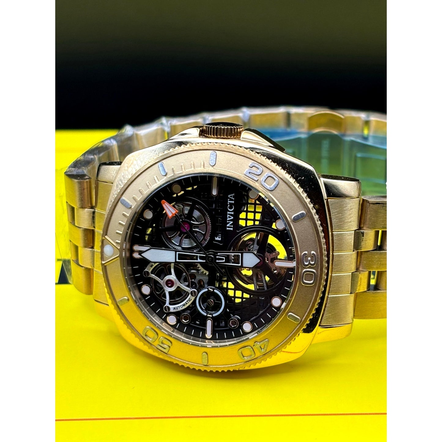 Invicta 69465 Sea Hunter Automatic Skeleton Dial Gold Tone Mens Watch 44mm NIBWT