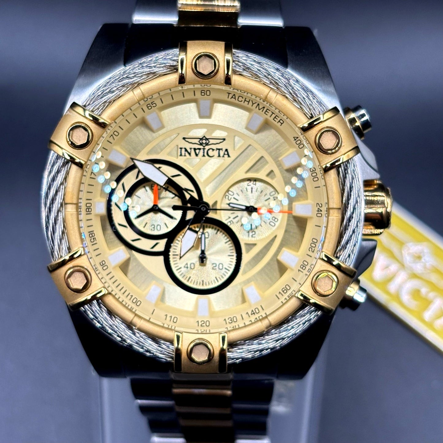 Invicta Bolt Ace 49747 Chronograph 52mm Gold Tone Cable Bezel Men’s Watch NIBWT