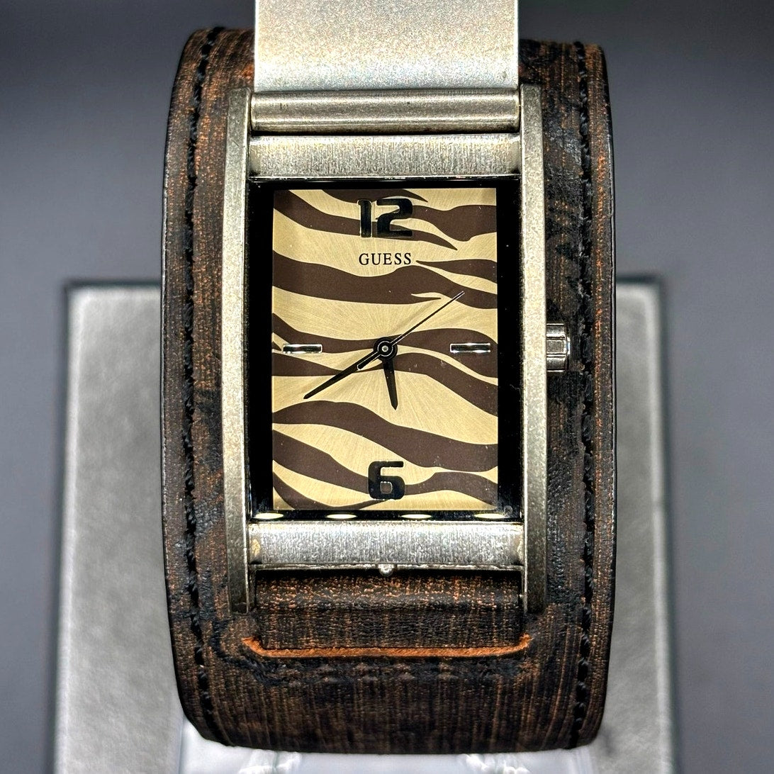 Vintage GUESS G55342L Armored Tiger Leather Cuff Flip Cover Y2K Watch