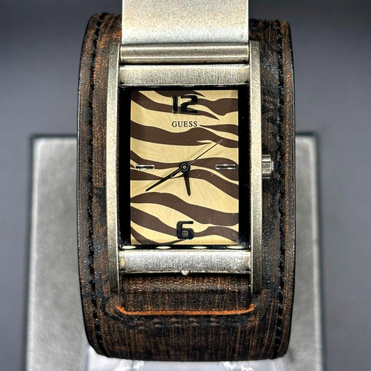 Vintage GUESS G55342L Armored Tiger Leather Cuff Flip Cover Y2K Watch