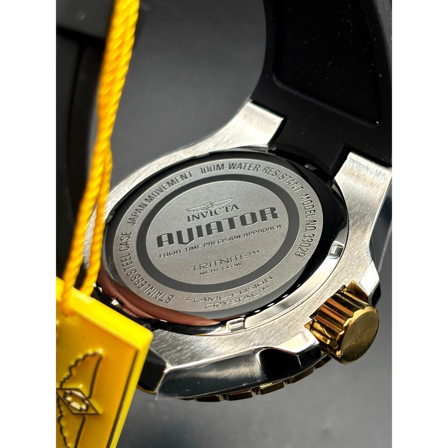 Invicta 33029 Aviator Skyshock Men’s Black Dial Gold Bezel Silicone Watch NIBWT