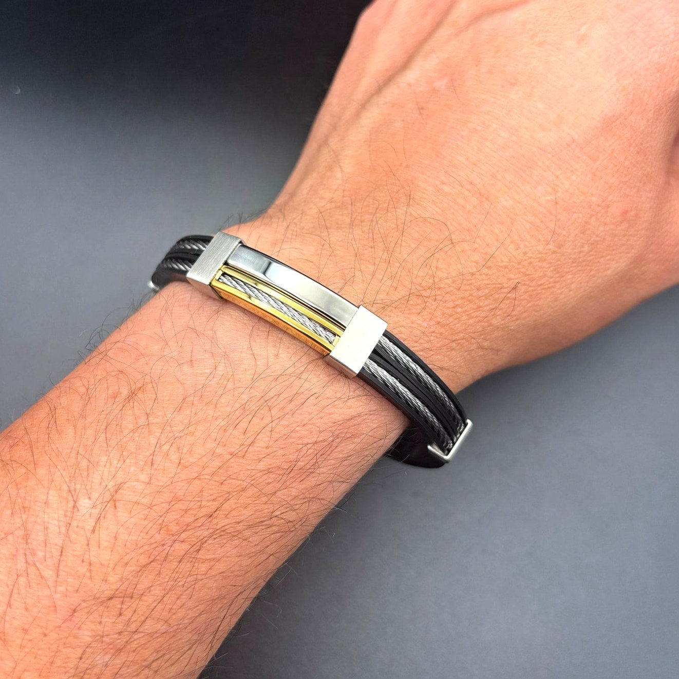 Blackjack BJB11G Mens Black Silicone Gold Stainless Steel Wire Bangle Bracelet