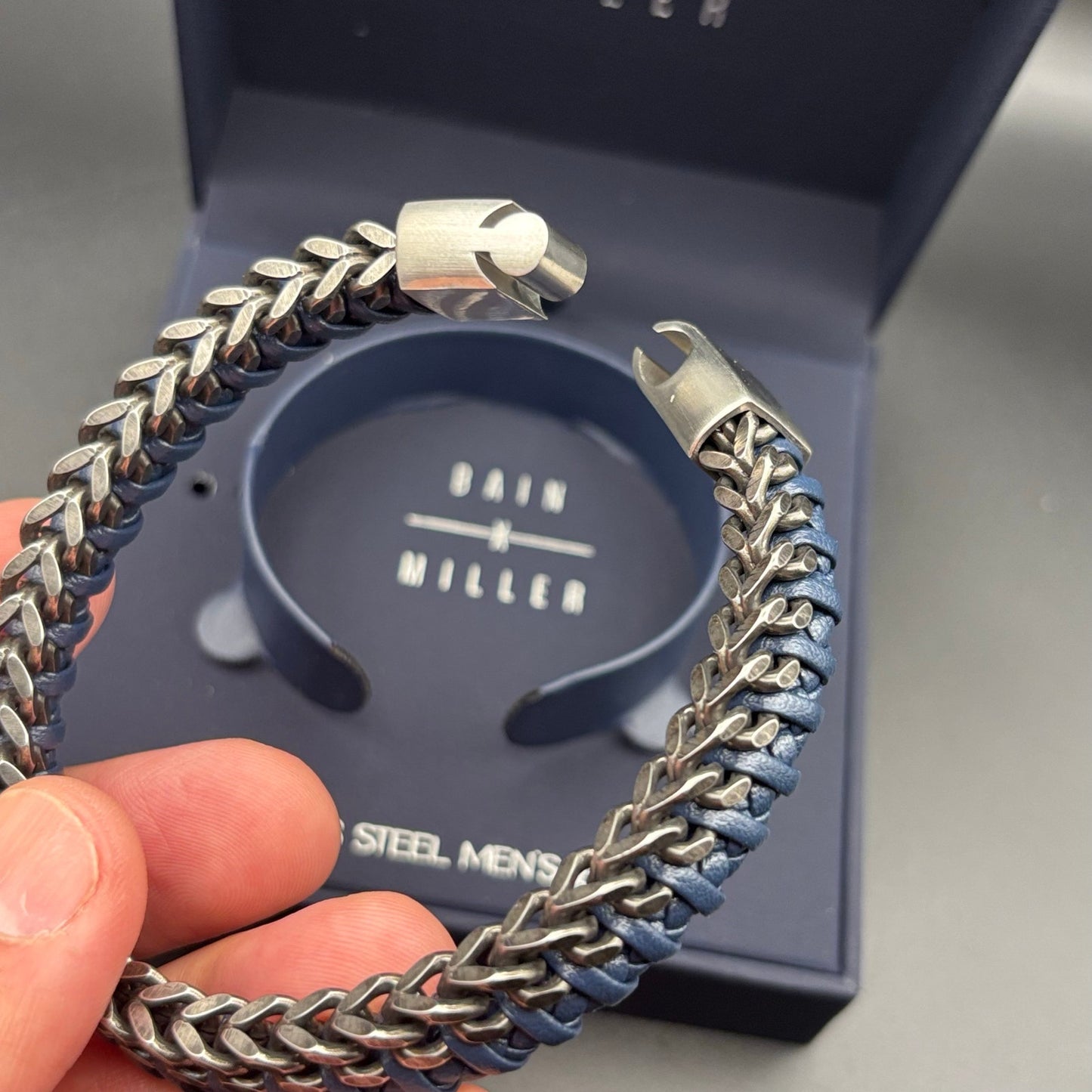 Bain Miller Mens Stainless Steel Blue Leather Woven Bracelet Slide Lock Clasp