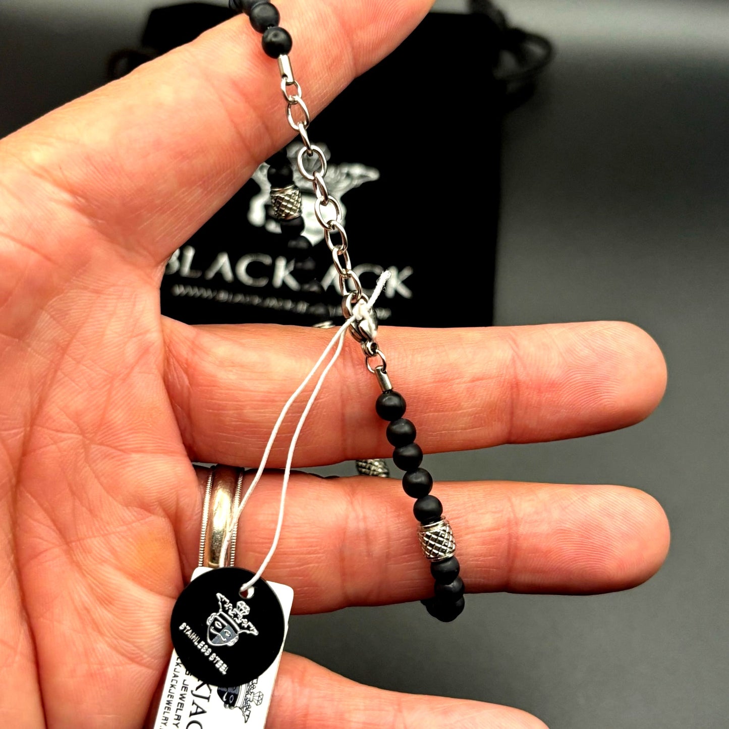 Blackjack BJS37BON Mens Genuine Onyx Stainless Steel Beaded Bracelet NIBWT