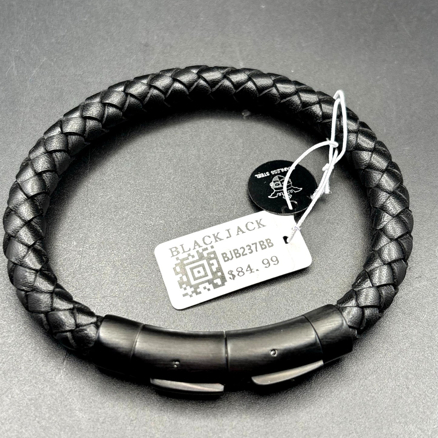 Blackjack BJB237BB Mens Black Leather Stainless Steel Extendable Bracelet NIBWT