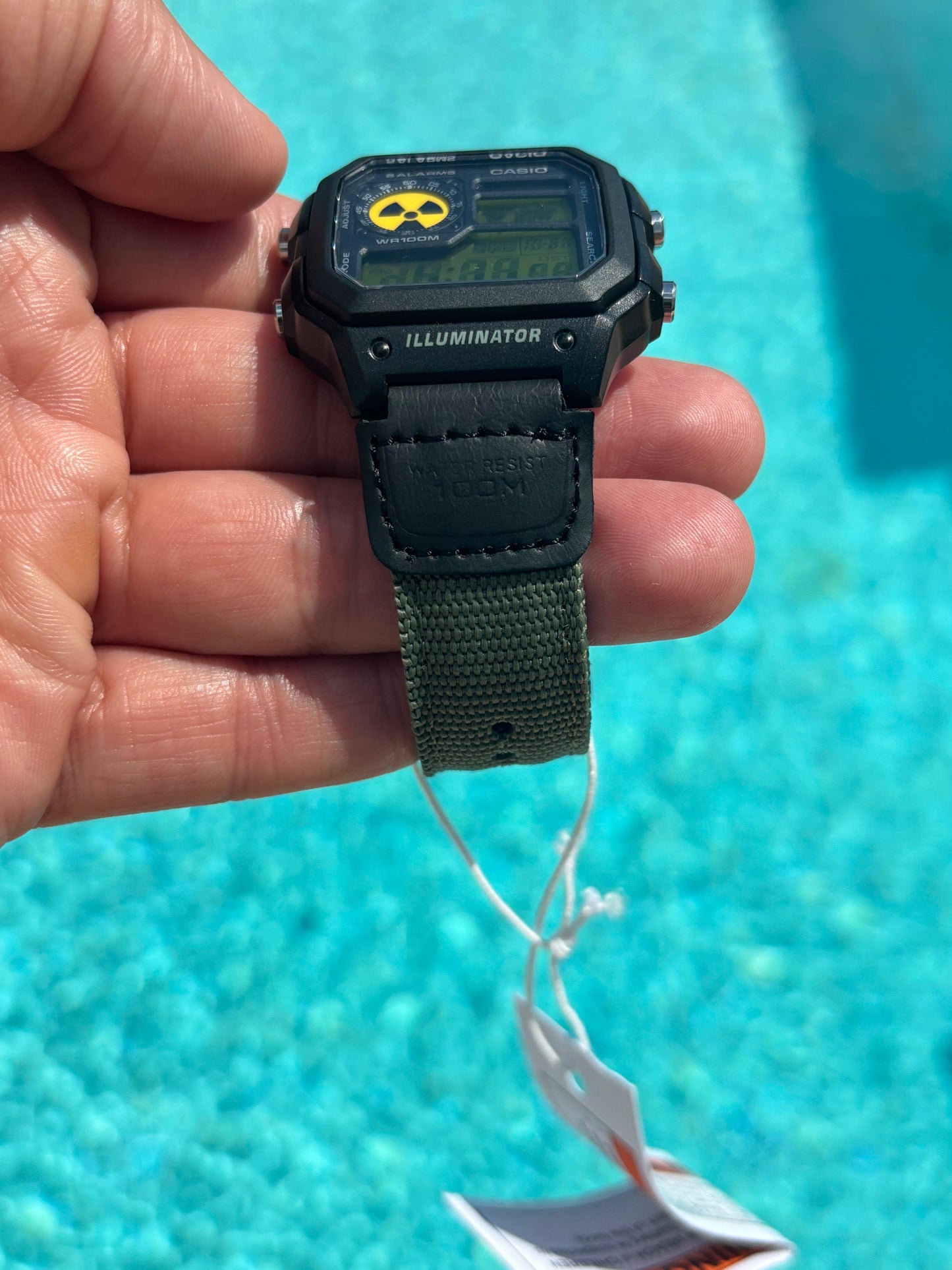 Modded Casio AE1200WH-1A “Nuclear Edition” – Green Nylon Strap, Gel Filter & Atomic Symbol Display