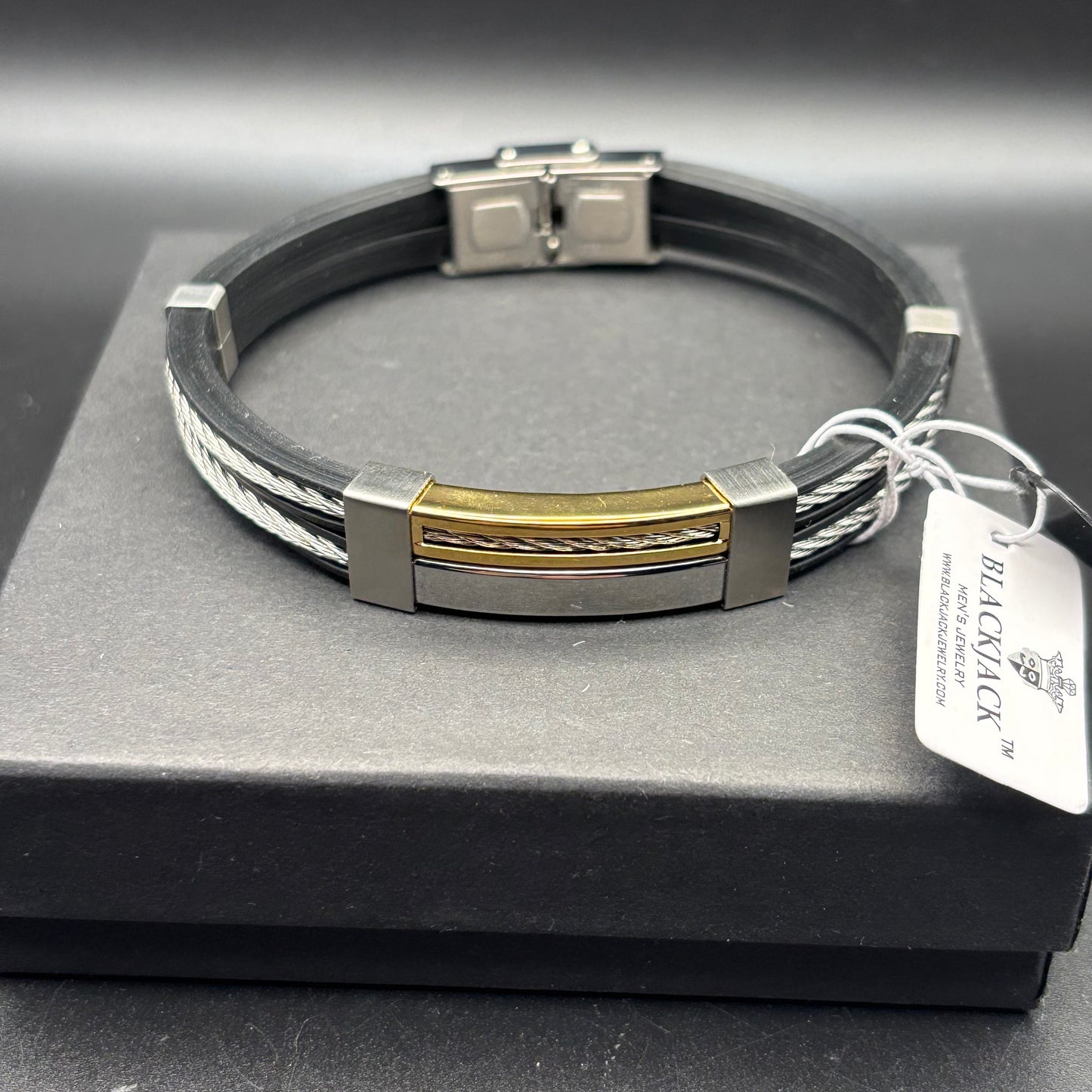 Blackjack BJB11G Mens Black Silicone Gold Stainless Steel Wire Bangle Bracelet