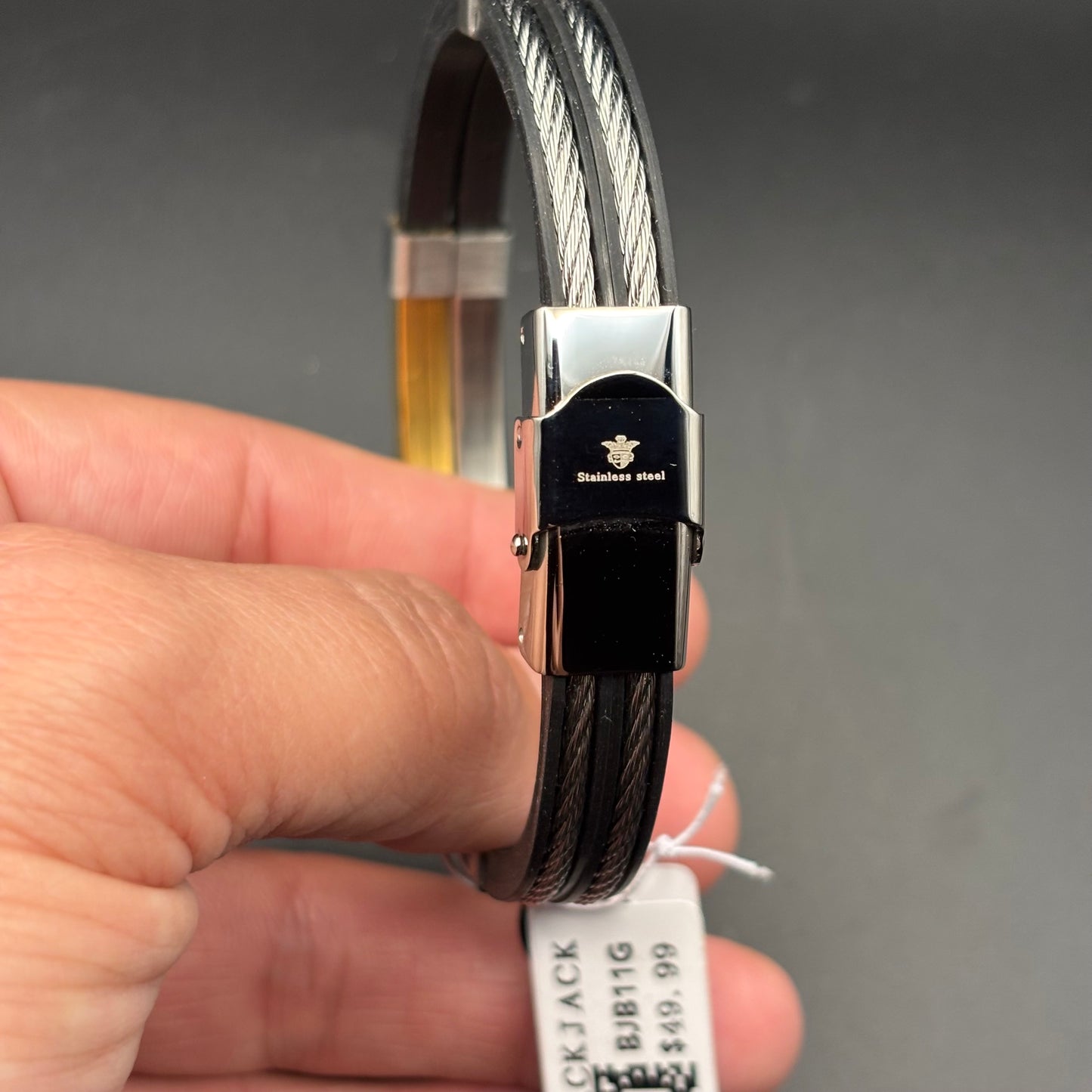 Blackjack BJB11G Mens Black Silicone Gold Stainless Steel Wire Bangle Bracelet