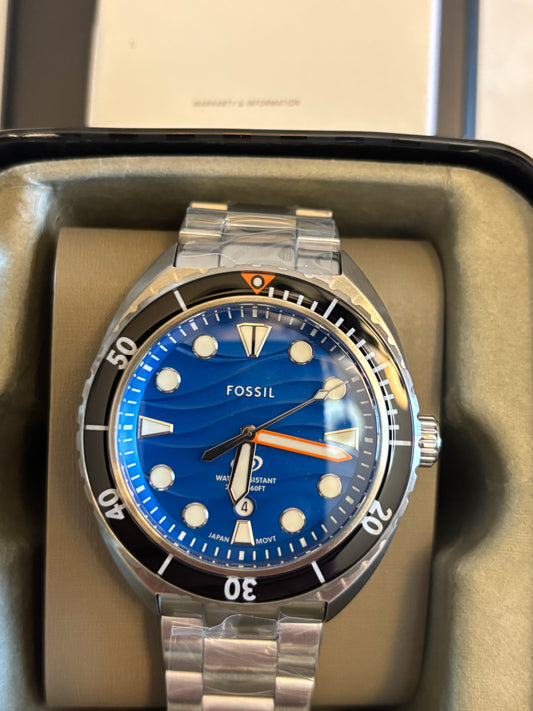 Fossil Breaker FS6064 – Blue Dial 42mm Dive-Style Watch • Free Shipping