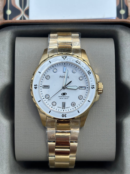 Fossil Blue Dive Women’s Gold Stainless Steel 36mm White Dial Watch ES5350