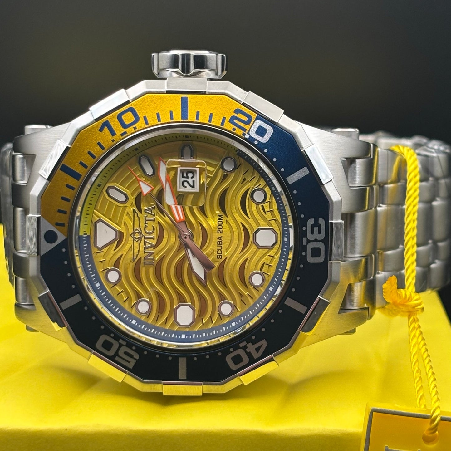 Invicta 47844 Pro Diver Wave Scuba Yellow Dial Blue Bezel Steel Alum Men's Watch