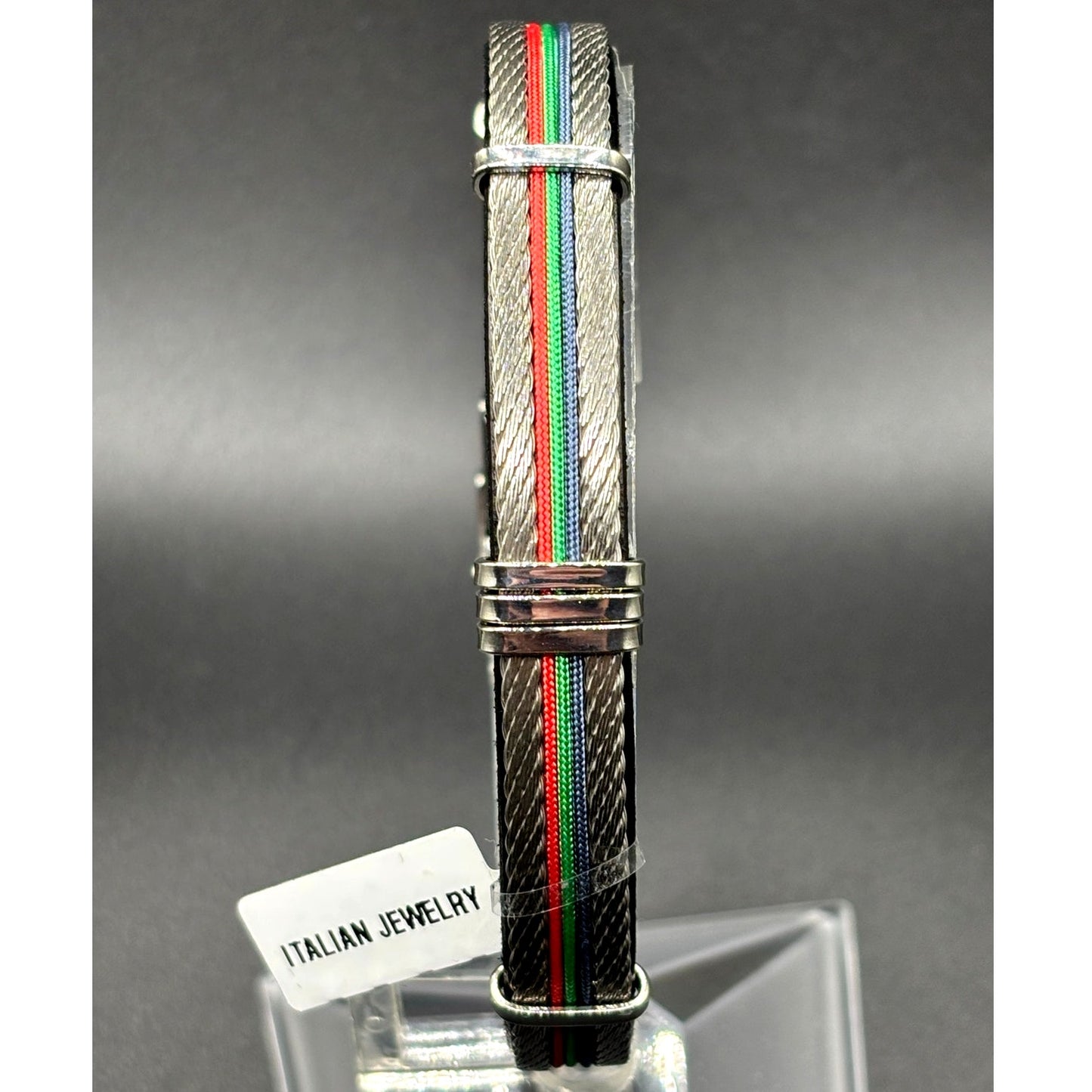 AMEN Italian Stainless Steel Cable Men's Bracelet Leather Red Green Blue NWT