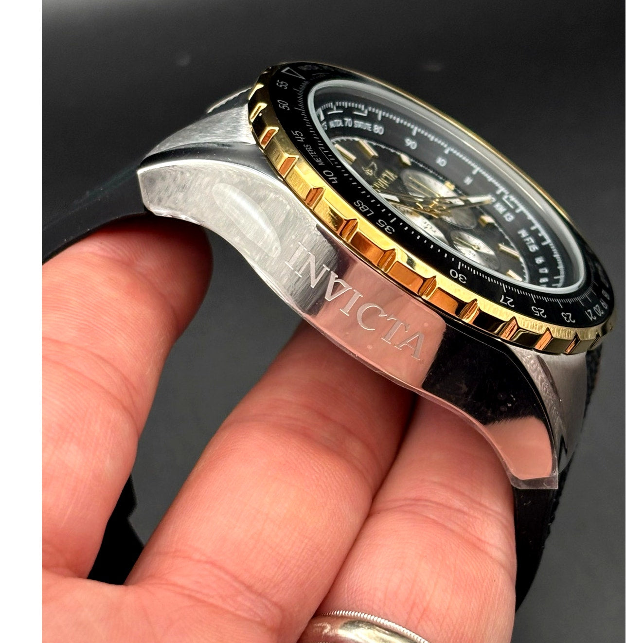 Invicta 33029 Aviator Skyshock Men’s Black Dial Gold Bezel Silicone Watch NIBWT
