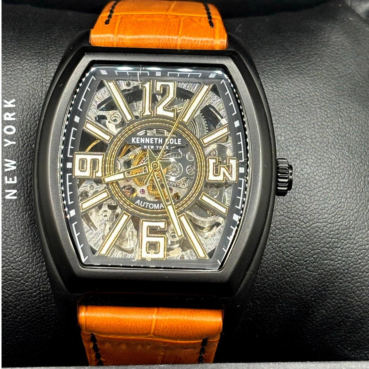 Kenneth Cole KC51083004 Automatic Skeleton Tonneau Leather Strap Men’s Watch
