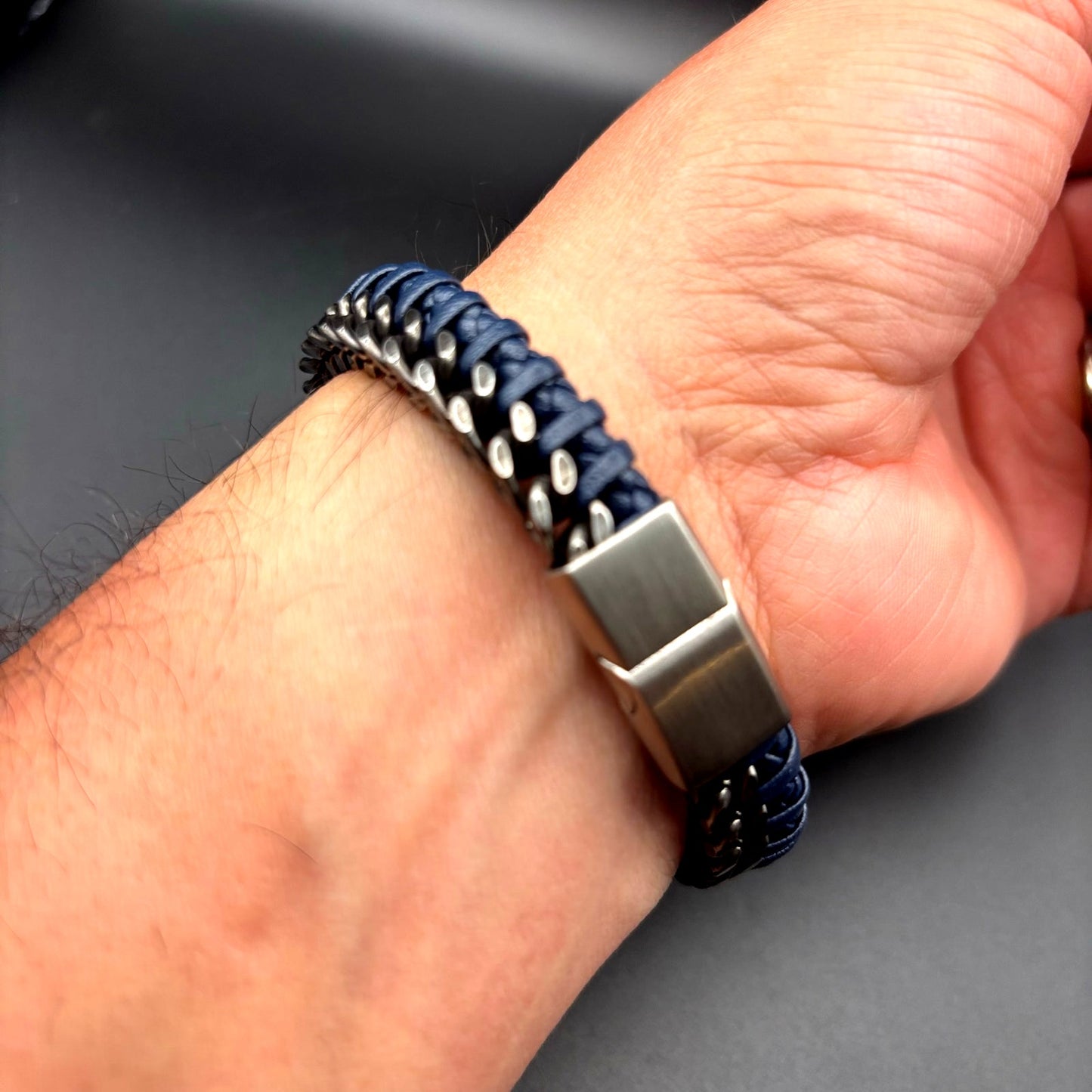 Bain Miller Mens Stainless Steel Blue Leather Woven Bracelet Slide Lock Clasp