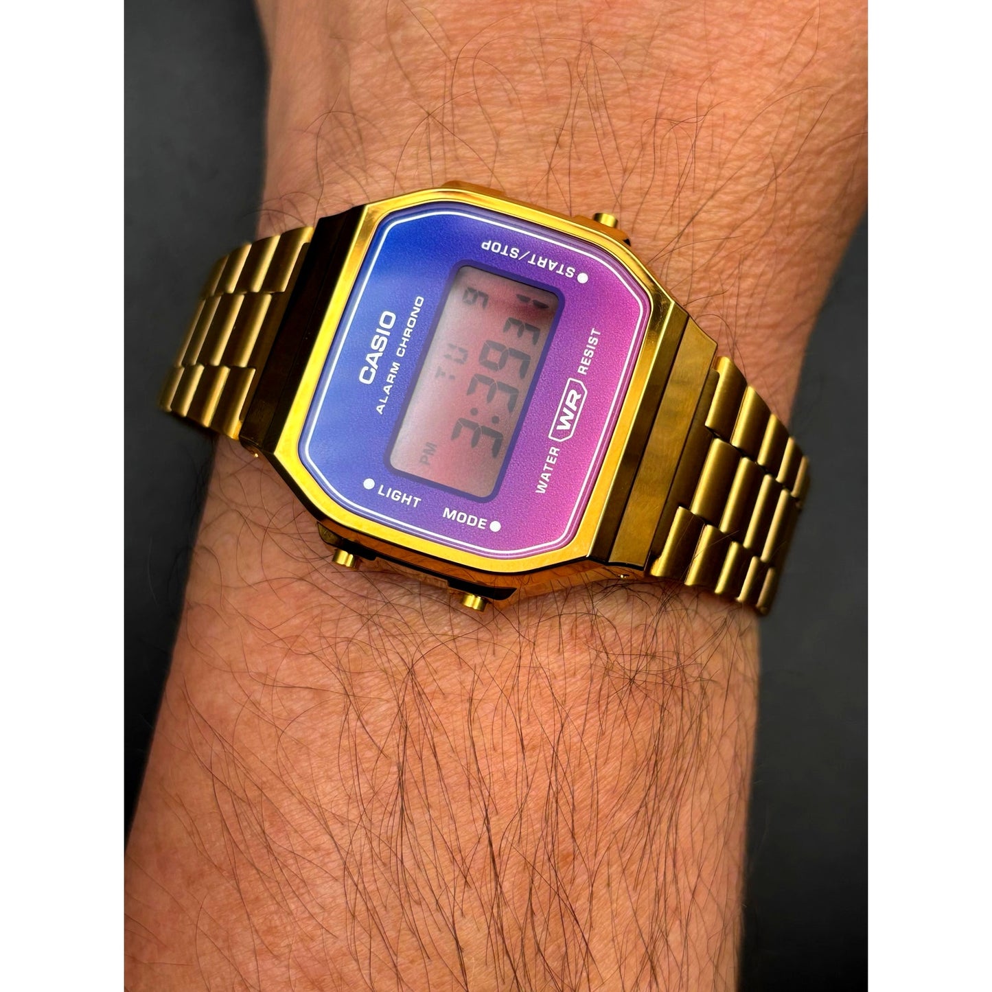 LWS Solarwave Prism A168 Gold Tone Stainless Steel Bracelet Digital Mod Watch
