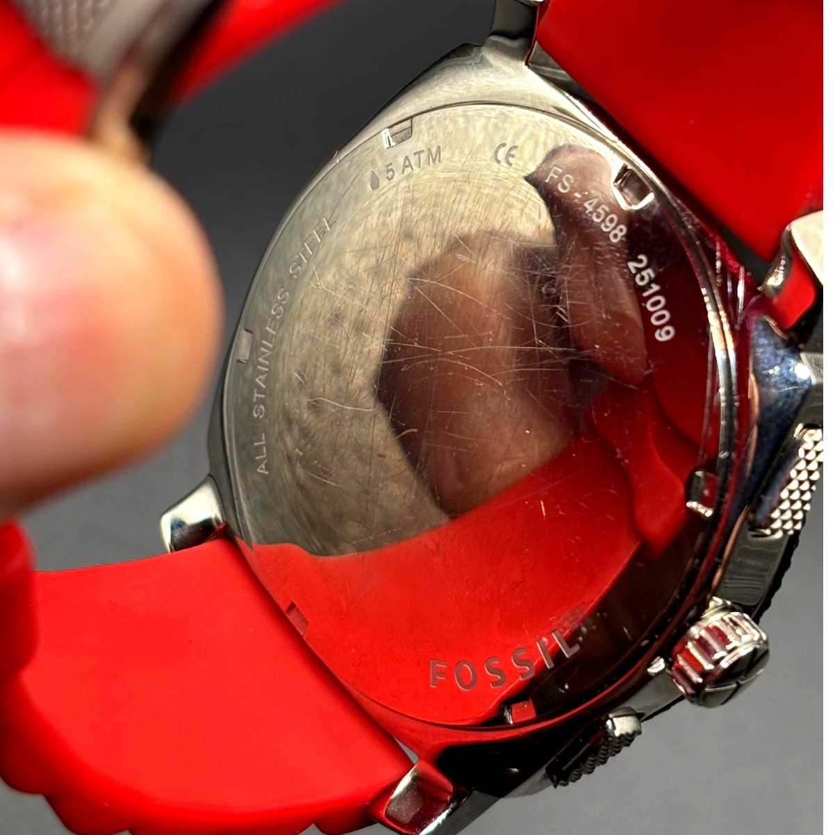 Fossil FS4598 Machine Chronograph Men’s Silver Red Silicone Strap Watch