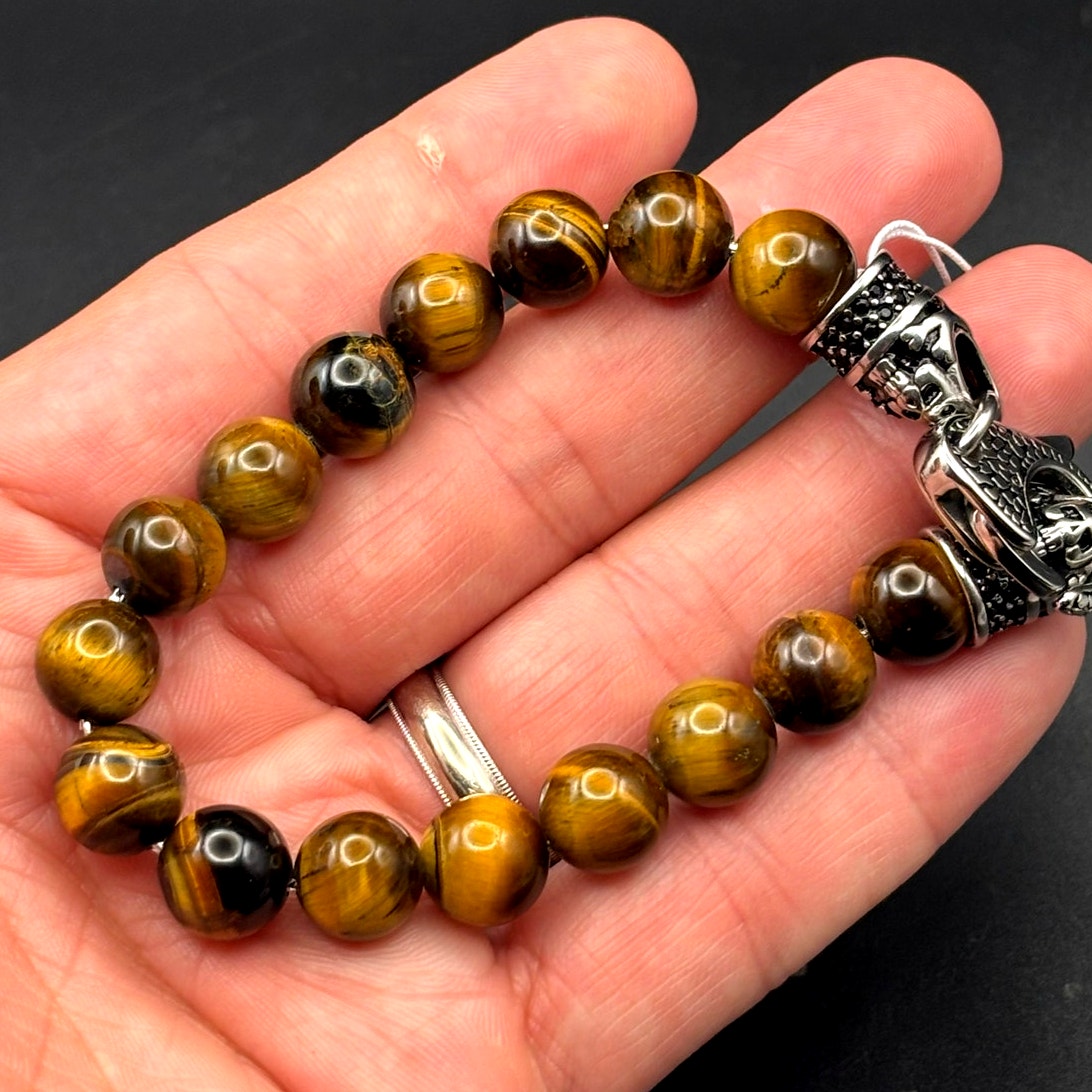 Blackjack BJS16BTE Men's Genuine 10mm Tiger Eye Stainless Steel Beaded Bracelet