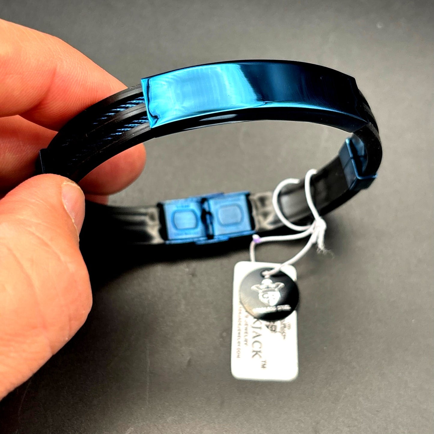 Blackjack BJB251BL Mens Blue Silicone Black Stainless Steel  Bangle ID Bracelet