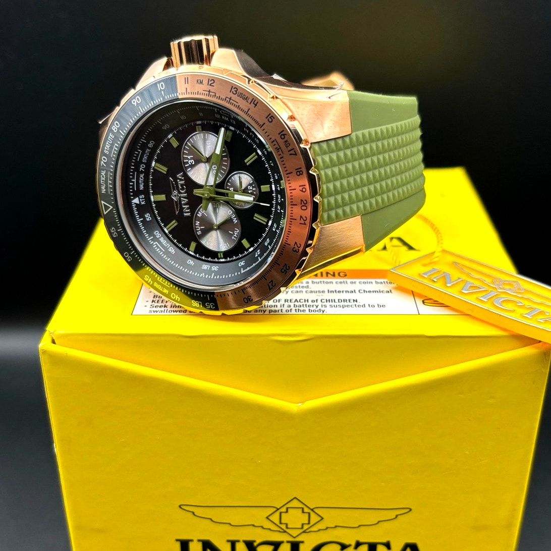 Invicta Aviator Skyshock 39311 50mm Men's Gold Green Silicone Strap Watch NIBWT