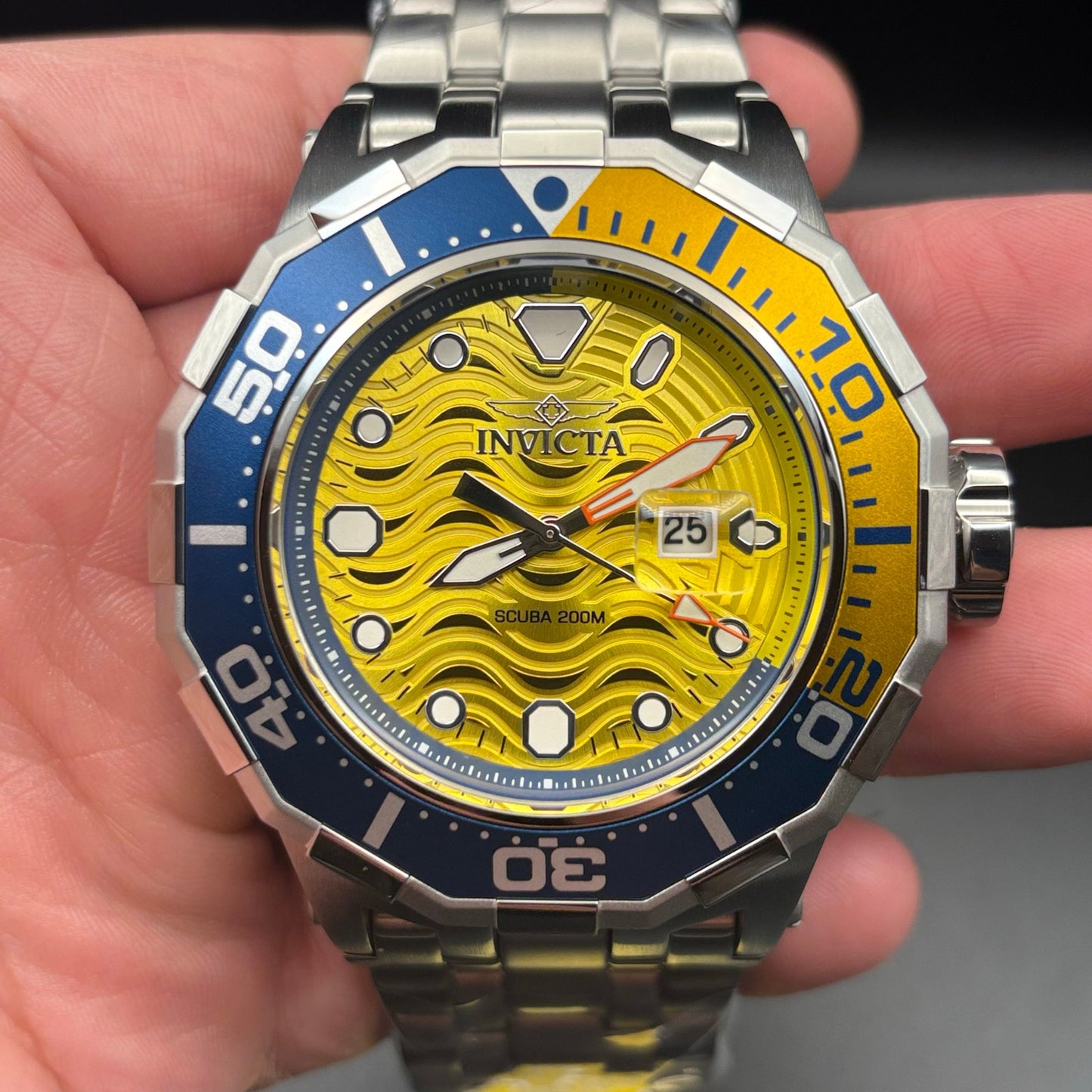 Invicta 47844 Pro Diver Wave Scuba Yellow Dial Blue Bezel Steel Alum Men's Watch