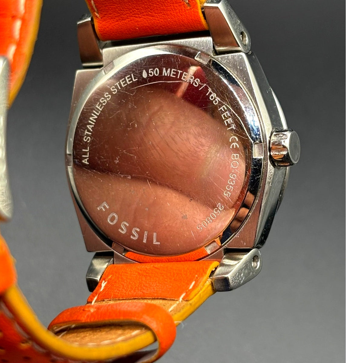 Fossil Boyfriend BQ9355 Multifunction Silver Orange Dial Leather Watch 50M