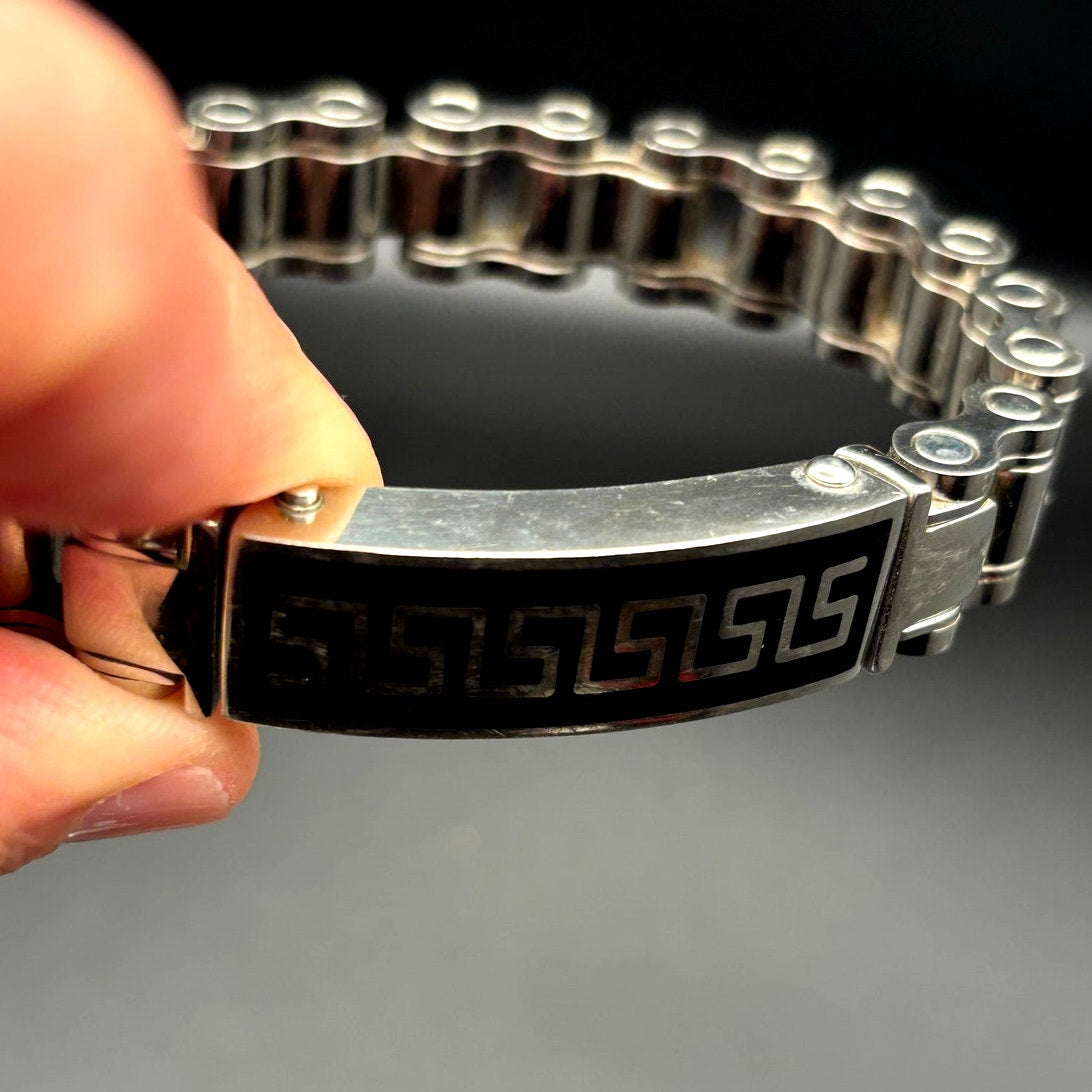 Mens Stainless Steel Chain Bracelet Black Onyx Inlay Greek Key New In Box
