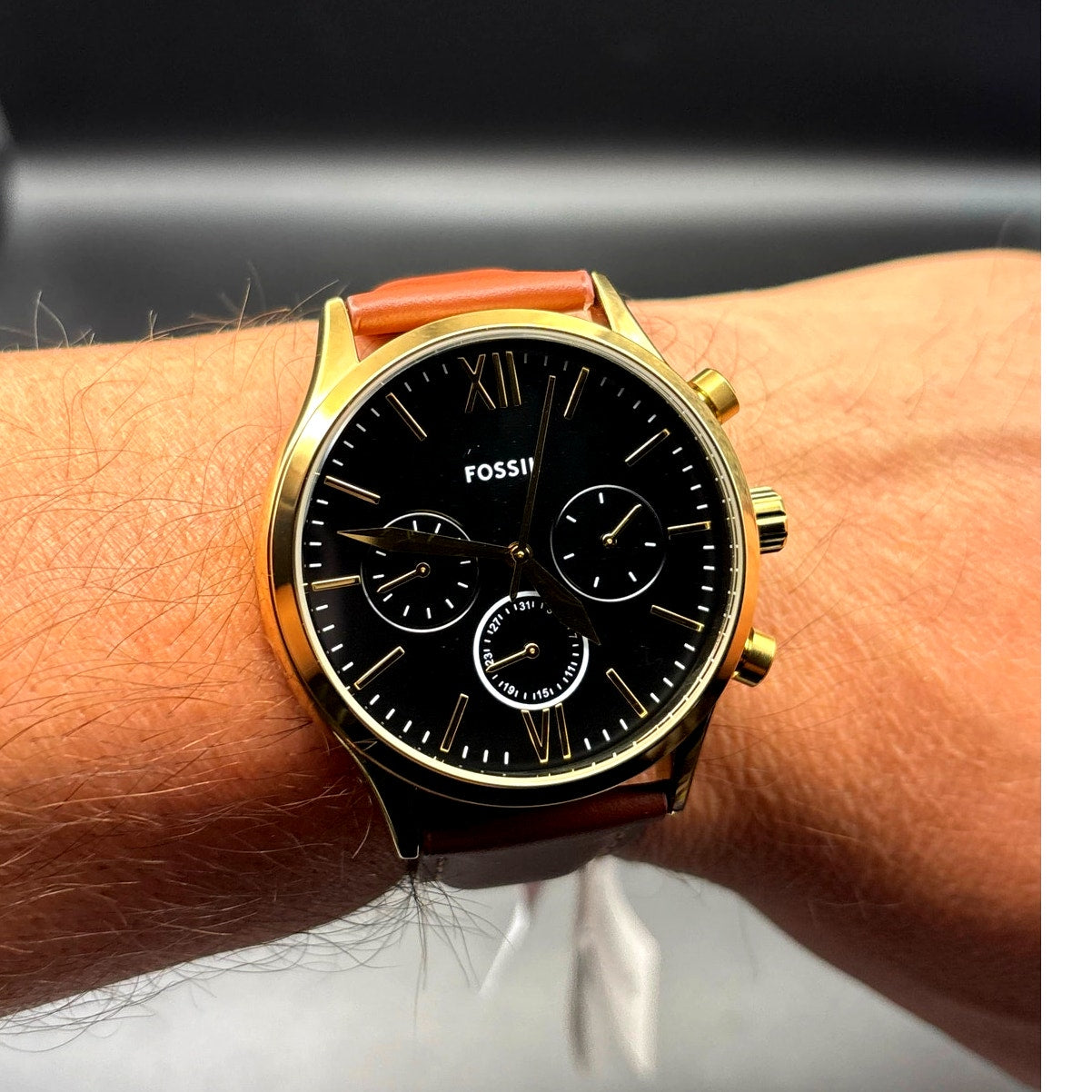 Fossil Fenmore BQM2404 Men's Multifunction Gold Tone Leather Strap Watch NIBWT