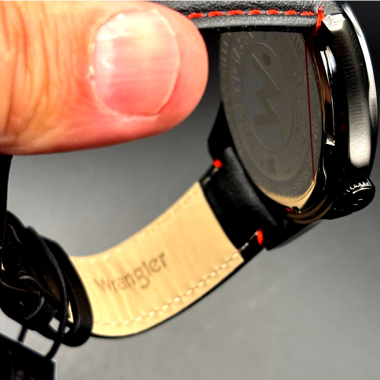Wrangler WRW2400-1A Mens Black Analog Watch Black Leather Red Stitching Strap