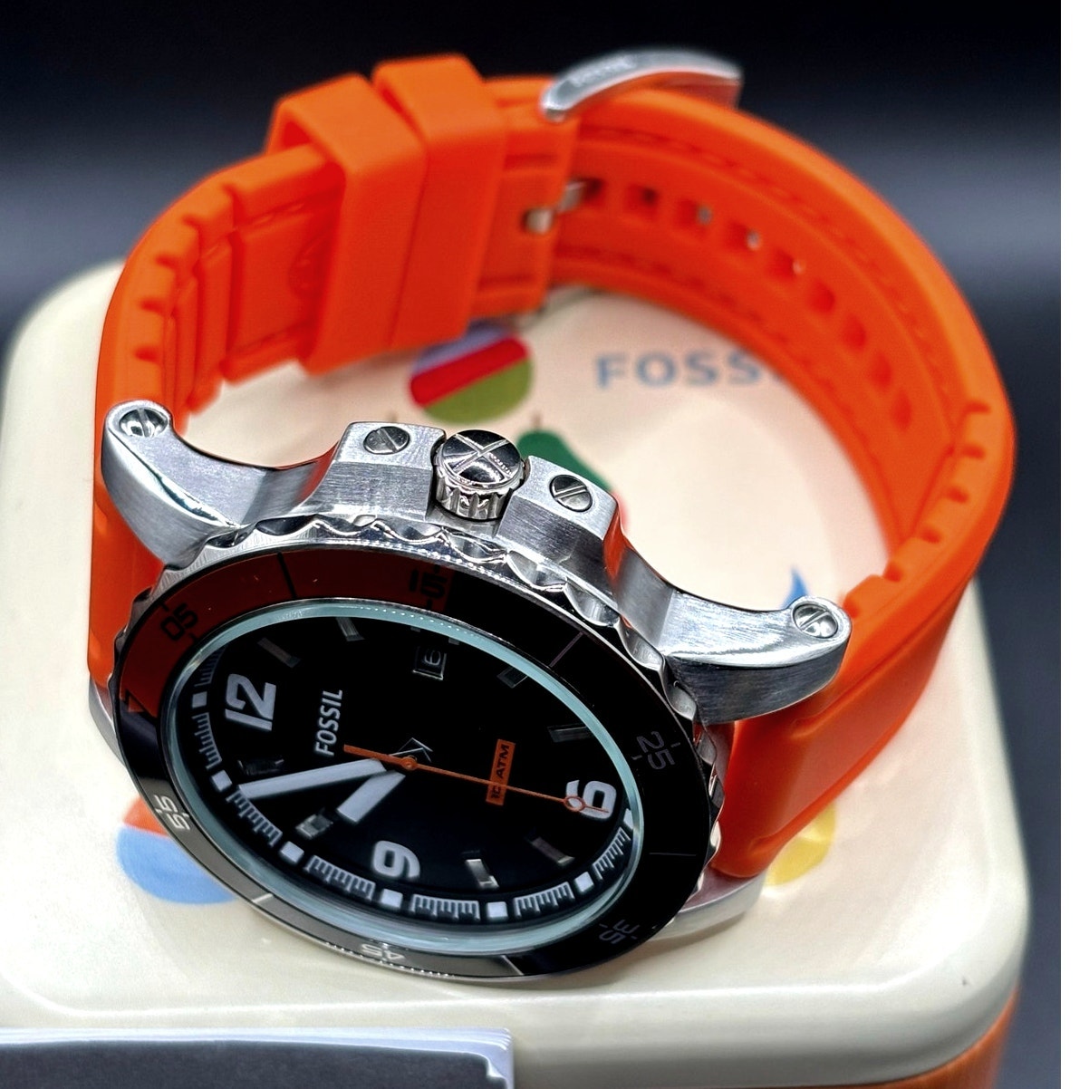 Fossil Sport AM4259 Dive Style Orange Silicone Strap Men’s Watch 46mm 10 ATM NIB