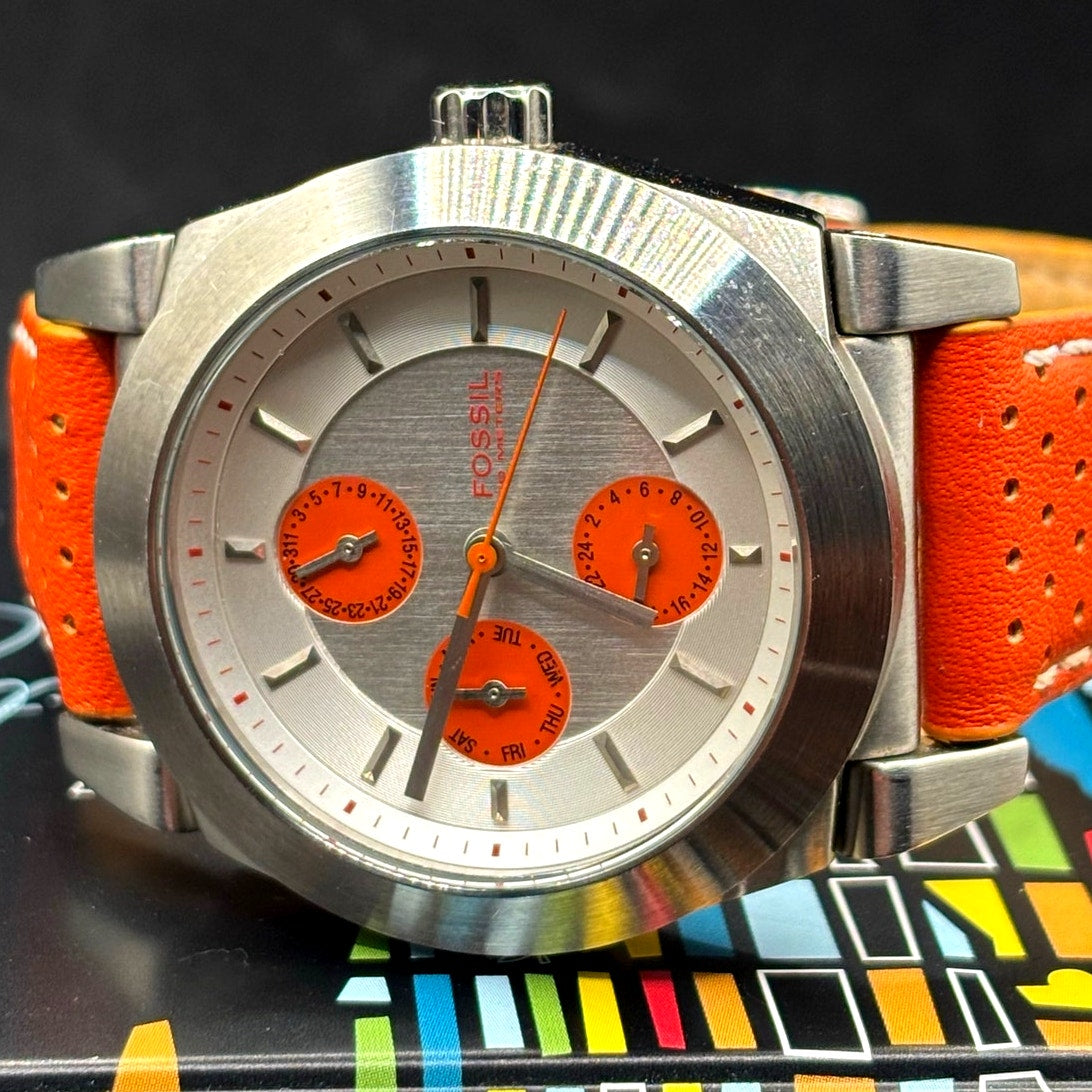 Fossil Boyfriend BQ9355 Multifunction Silver Orange Dial Leather Watch 50M