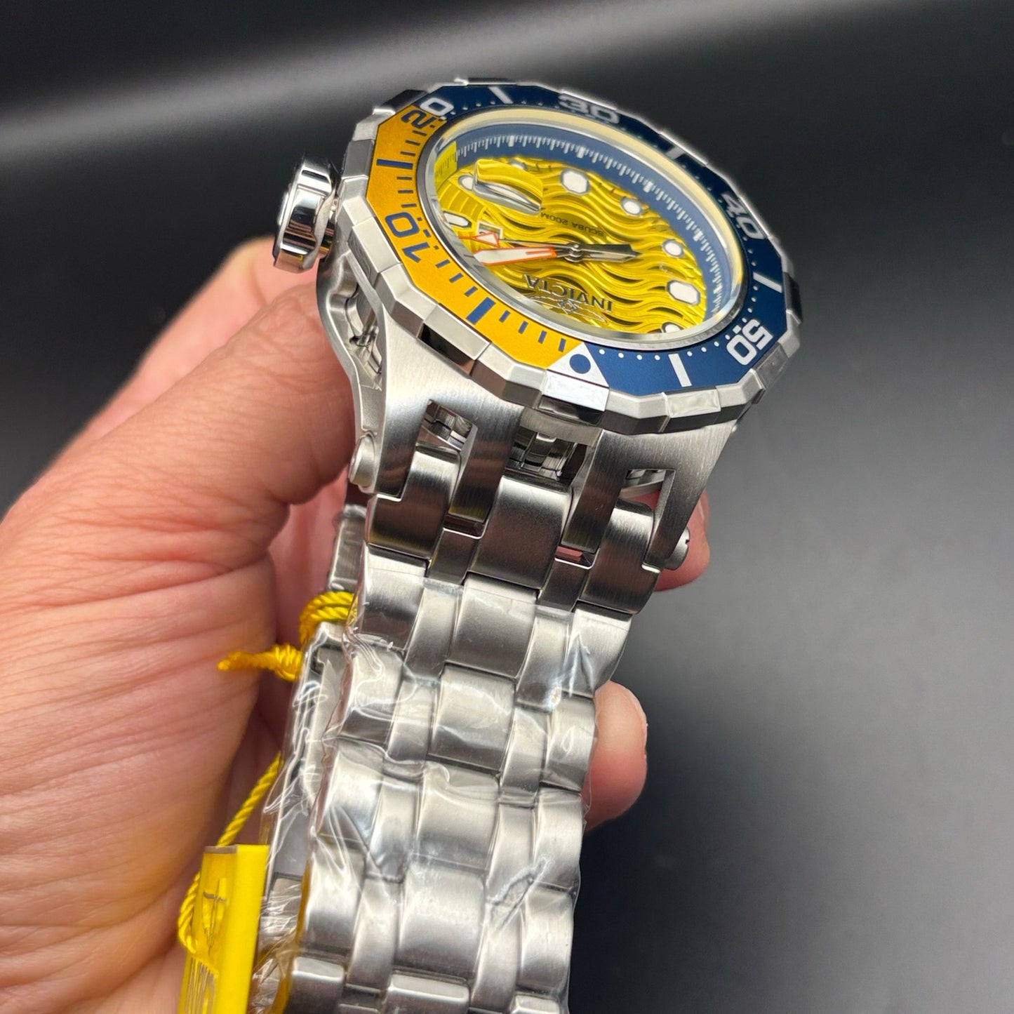 Invicta 47844 Pro Diver Wave Scuba Yellow Dial Blue Bezel Steel Alum Men's Watch