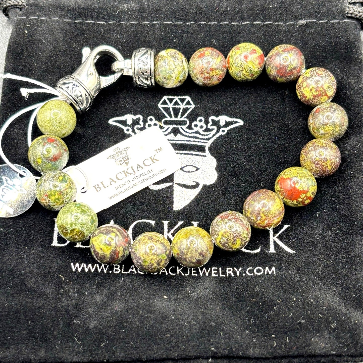 Blackjack BJB244DG Men’s 10mm Dragon Stone Stainless Steel Beaded Bracelet NWT